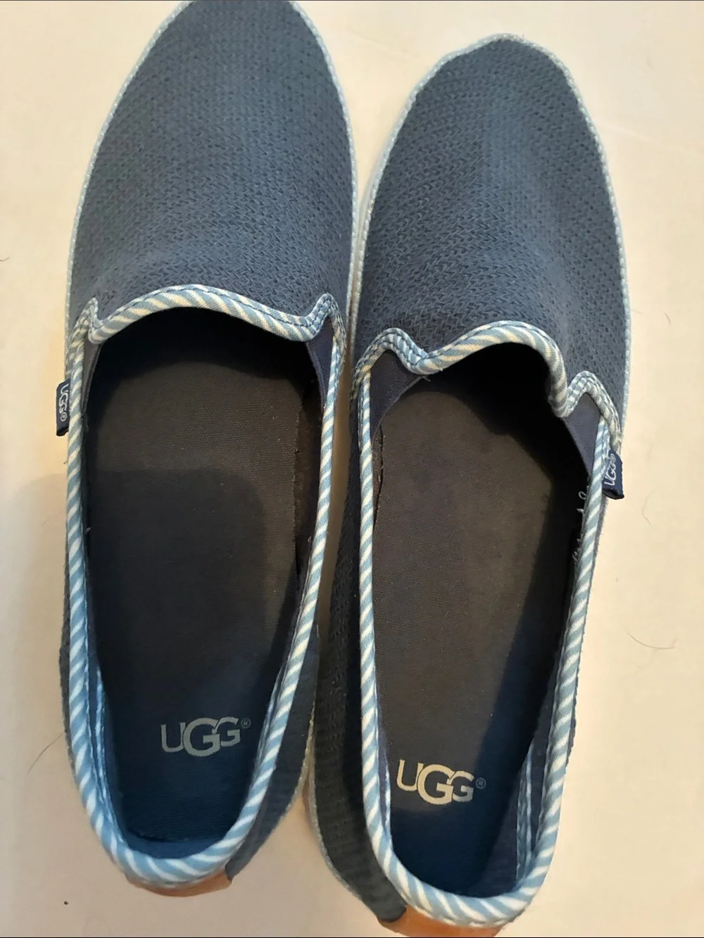 UGG Men's Navy Knit Slip-On Loafers with White Platform and Light Blue Trim